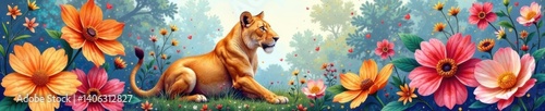 Lioness surrounded by colorful flowers and leaves in a watercolor style , animal art, wildflowers