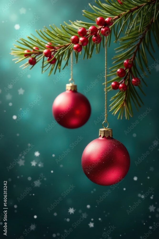 Ball decorations made of glass or crystal hanging from a branch with red berries, seasonal decor, winter wonderland Ball decorations made of glass or crystal hanging from a branch with red berries, seasonal decor, winter wonderland