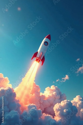 Rocket ship soaring through the sky with a growth chart in blue background , blue, growth, success