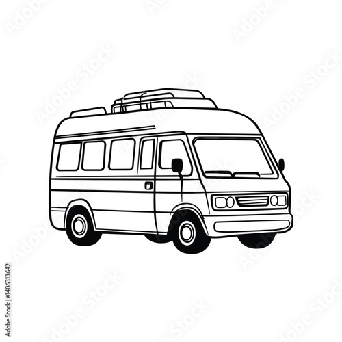 Contour Line Art Retro Camper Van with Luggage Rack on Transparent Background