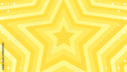 同心状の星とハーフトーンのドット、キラキラのパターン背景、ポップなデザイン、装飾的な放射型図形