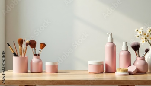 Minimalist makeup station with skincare and hair care products on a clean wooden table, desk, decor
