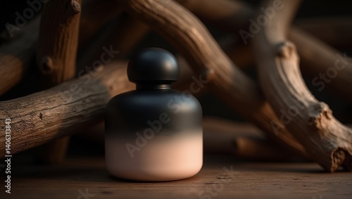 Classic photo of a luxury perfume bottle with a sleek, matte gradient finish placed elegantly against rugged, textured wooden branches 