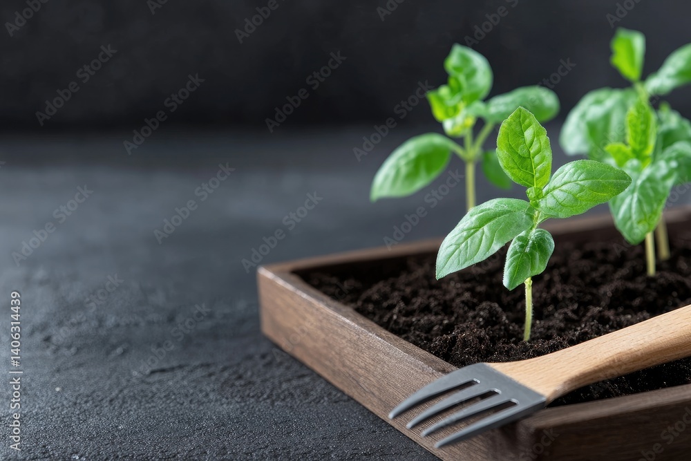 Naklejka premium Seedlings growing in soil tray with garden fork organic gardening concepts
