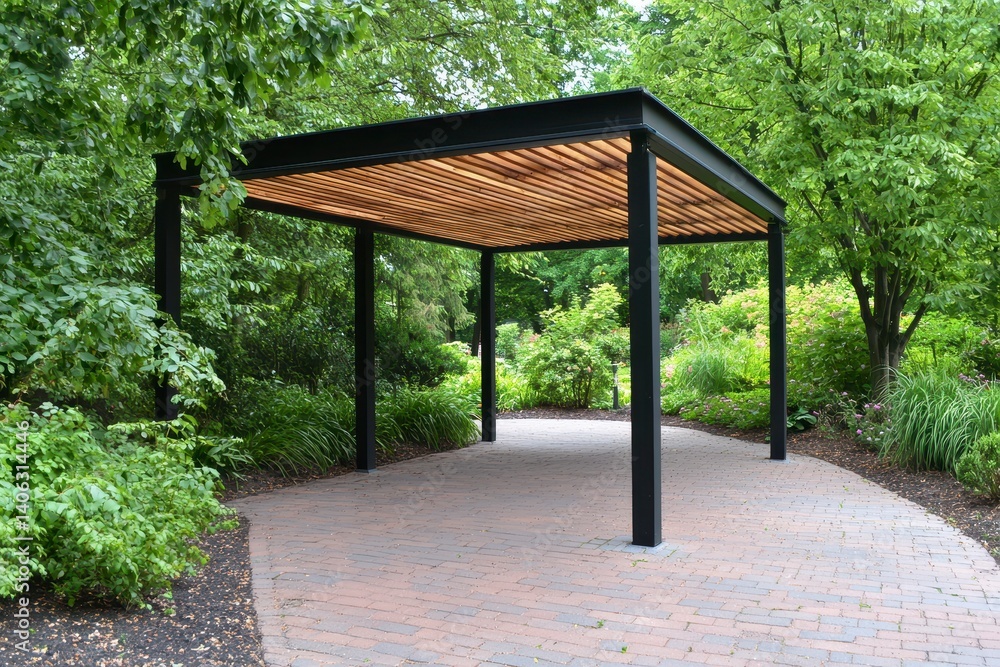 Modern Black Metal Pergola in a Lush Green Garden Modern Black Metal Pergola in a Lush Green Garden