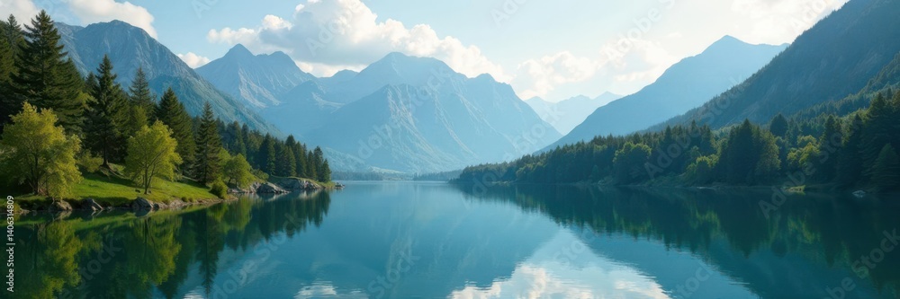 Overlapping forest scene with mountain ranges and lake reflections, texture, nature Overlapping forest scene with mountain ranges and lake reflections, texture, nature