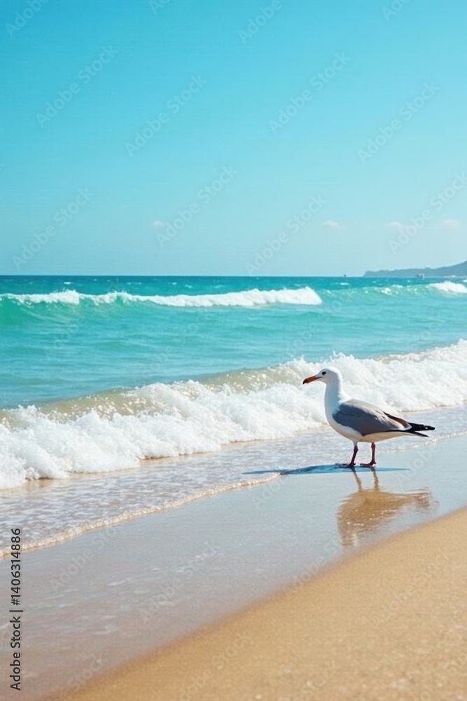 Oceanic waves gently touching seagulls on a sandy shore, landscape, wildlife Oceanic waves gently touching seagulls on a sandy shore, landscape, wildlife