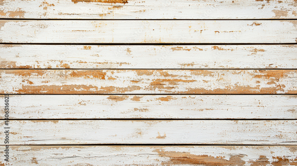 Naklejka premium A weathered wooden surface with peeling white paint, showcasing natural textures and a rustic, vintage appearance.