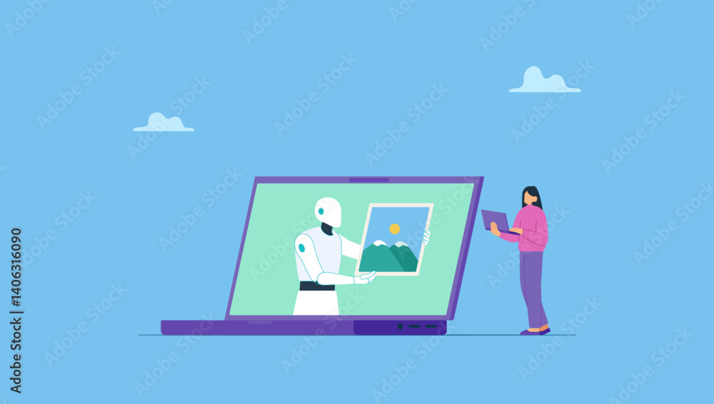 A woman gives commands to AI to create visual artworks, images, using a laptop. Artificial intelligence prompt to make an artwork concept. Art, technology and AI collaboration. A woman gives commands to AI to create visual artworks, images, using a laptop. Artificial intelligence prompt to make an artwork concept. Art, technology and AI collaboration.