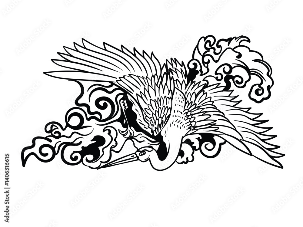 Obraz premium crane illustration design for sukajan is mean japan traditional cloth or t-shirt with digital hand drawn Embroidery Men T-shirts Summer Casual Short Sleeve Hip Hop T Shirt Streetwear
