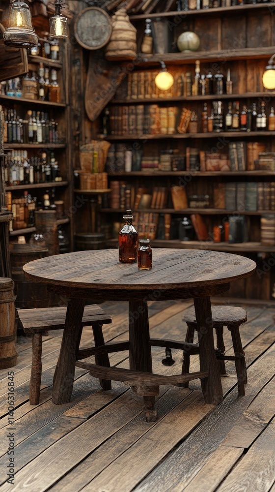Cozy rustic room with wooden table, chairs, shelves filled with bottles and books Cozy rustic room with wooden table, chairs, shelves filled with bottles and books