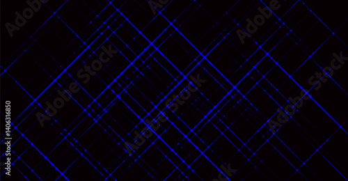Hypnotic Dark Horizon: Abstract Blue Grid Lines on Black Background Creates Dynamic Perspective and Modern Geometric Patterns with Intersecting Luminous Light Strands