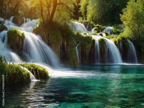 Waterfall landscape of Plitvice Lakes Croatia.
