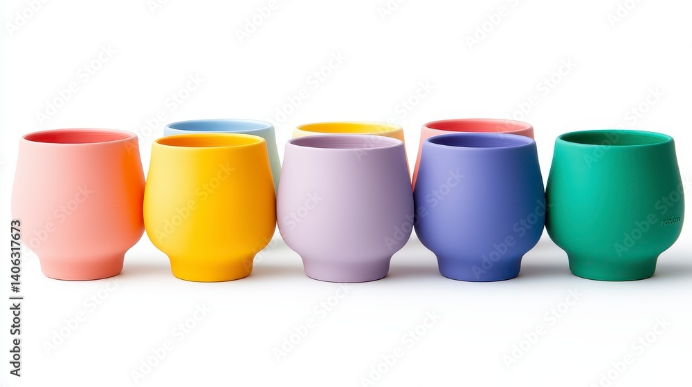 Pastel Ceramic Cups Row on White Background Pastel Ceramic Cups Row on White Background