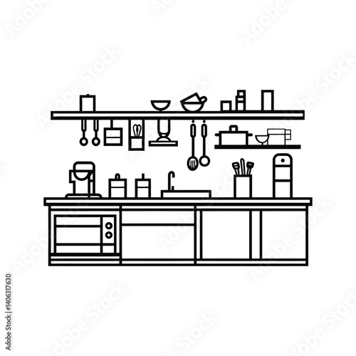 Minimalist Kitchen Interior Design Outline with Utensils and Appliances