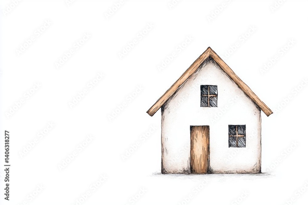 A simple, illustrated house with a sloped roof and wooden door, set against a plain white background. A simple, illustrated house with a sloped roof and wooden door, set against a plain white background.