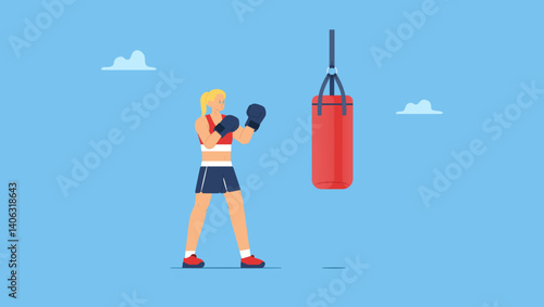 A young woman practicing boxing wearing boxing gloves, preparing to hit a punching bag. Boxer punch punching bag.