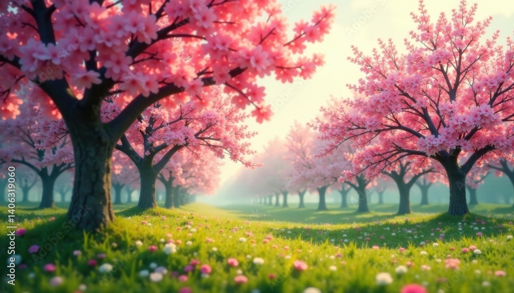 Naklejka premium Gentle breeze rustling through blooming trees, forest floor, peaceful haven, forest tranquility