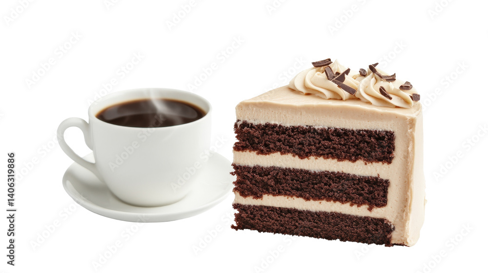 A slice of rich chocolate cake with layers of creamy frosting, served next to a steaming cup of coffee,Transparent background, PNG file A slice of rich chocolate cake with layers of creamy frosting, served next to a steaming cup of coffee,Transparent background, PNG file