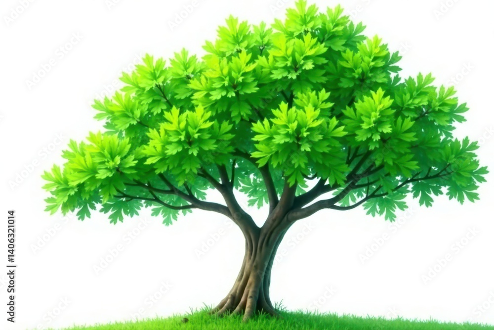 Tree with large green leaves against white background, branches, trunk Tree with large green leaves against white background, branches, trunk