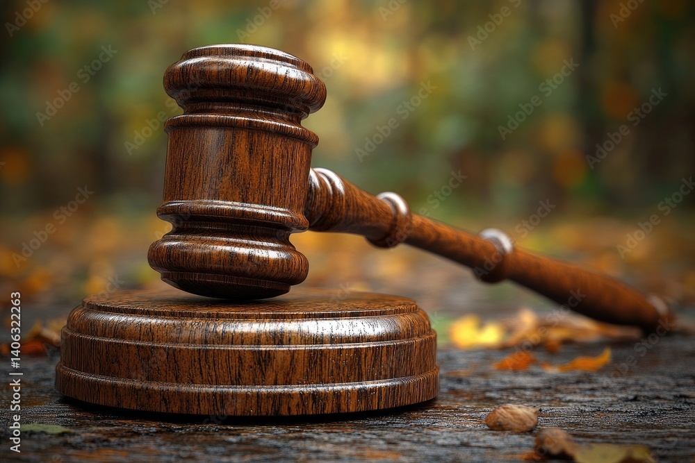 Wood gavel rests on block. Bokeh fall background Wood gavel rests on block. Bokeh fall background