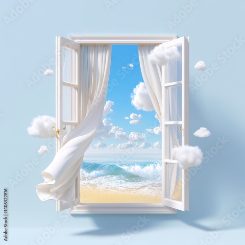 Serene Beach View Through Open Window with Soft Clouds and Breeze