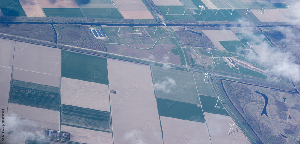 Netherlands, Holland, Dutch, Aerial view of wind turbines on a field