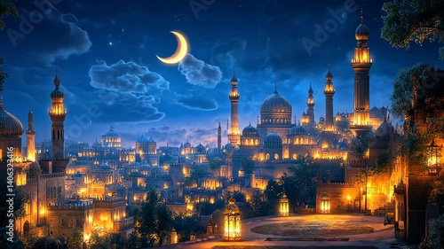 Night in Arabian City: A Magical Crescent Moon and Starry Sky over Illuminated Mosques and Buildings