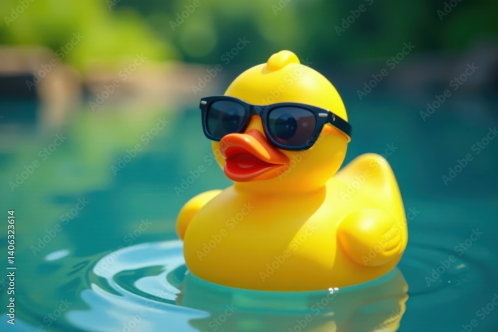 Yellow rubber duck wearing sunglasses, floating on water , rubber duck, Yellow rubber duck wearing sunglasses, floating on water , rubber duck,
