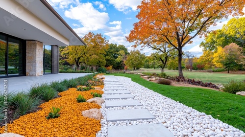 Modern building exterior with autumnal landscaping and pathway