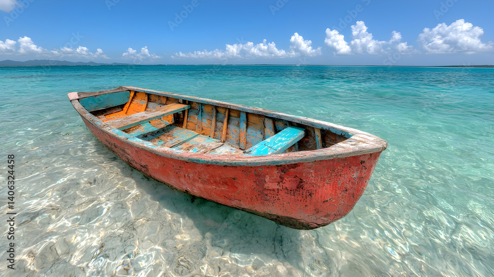 Naklejka premium Red boat in turquoise water peaceful summer vacation scene