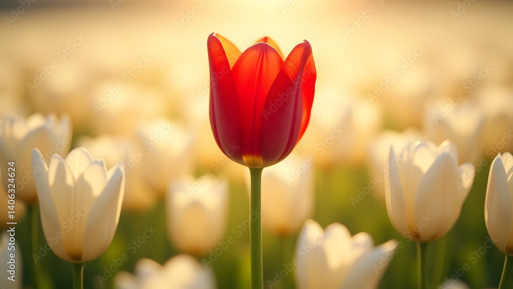 One sangria-red tulip rises above ivory blooms, its crinkled petals glowing with backlight in this vertical composition of growth and aspiration. One sangria-red tulip rises above ivory blooms, its crinkled petals glowing with backlight in this vertical composition of growth and aspiration.