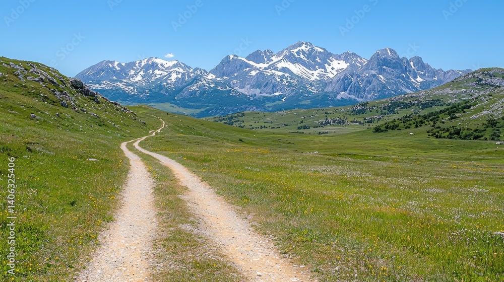 Naklejka premium Serene countryside path tranquil nature scene for travel and lifestyle projects