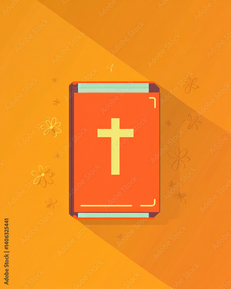 Obraz premium A book with a cross on it is shown on an orange background. The book is titled 