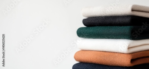 Stack of colorful knitted sweaters cozy apparel collection