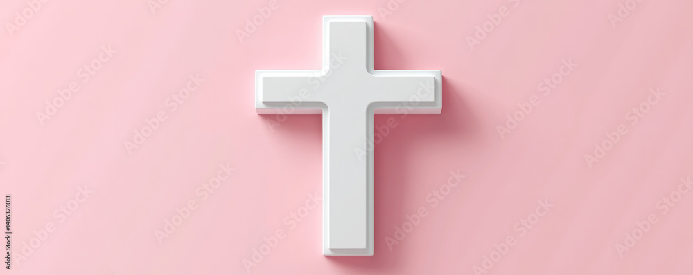 Obraz premium A white cross is on a pink background. The cross is the main focus of the image. The pink background creates a soft and gentle mood, making the image feel peaceful and calming