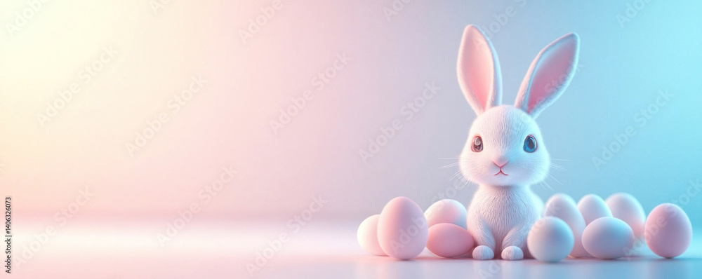 A white rabbit is sitting on a pile of eggs. The rabbit is looking at the camera with a curious expression. The image has a playful and whimsical mood, as the rabbit and eggs seem to be in a fun A white rabbit is sitting on a pile of eggs. The rabbit is looking at the camera with a curious expression. The image has a playful and whimsical mood, as the rabbit and eggs seem to be in a fun