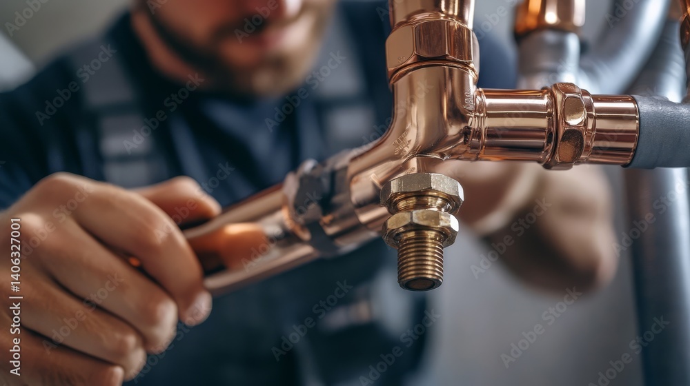 Naklejka premium Plumber securing copper pipes inside a residential framework. Featuring skilled installation