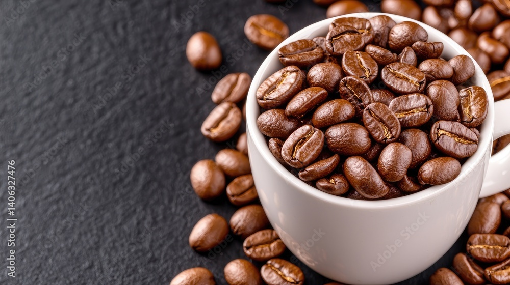 Fototapeta premium Roasted coffee beans in white cup dark background