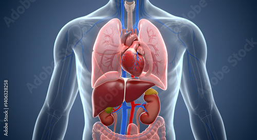 Detailed 3D Render of Human Internal Organs Anatomy: Heart, Lungs, Liver, and Kidneys