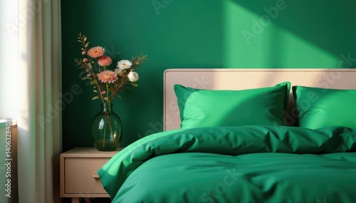 Beautiful emerald green bedding against a neutral beige nightstand with a stylish bottle vase and fresh flowers , beige, vases