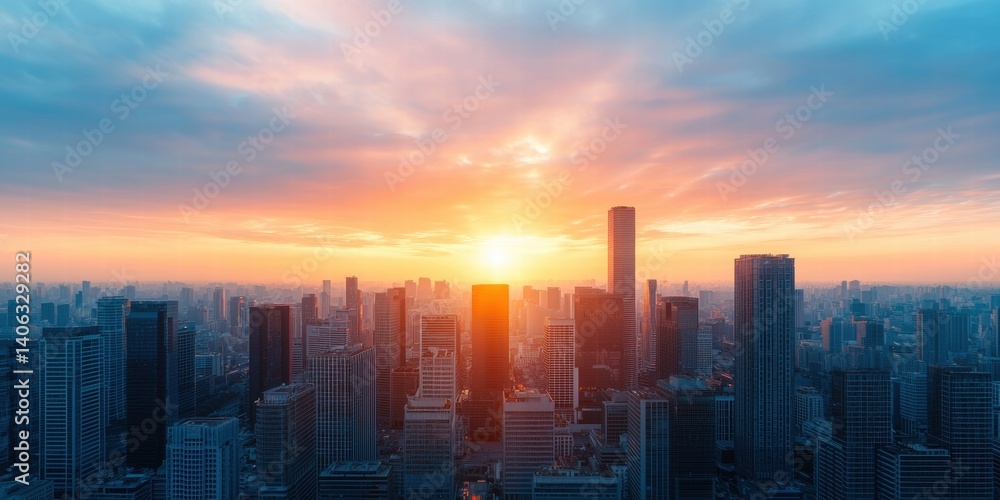 Fototapeta premium A stunning city skyline at sunset, showcasing high-rise buildings against a vibrant, colorful sky filled with clouds.