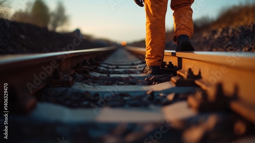Railway maintenance worker inspecting train tracks for alignment. Featuring precision rail work
