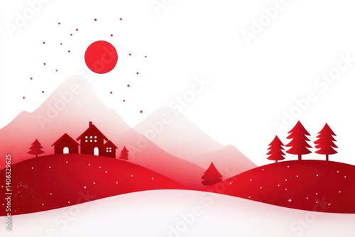 Wallpaper Mural A stylized landscape featuring red hills, a sun, a cozy house, and pine trees, evoking a serene and warm atmosphere. Torontodigital.ca