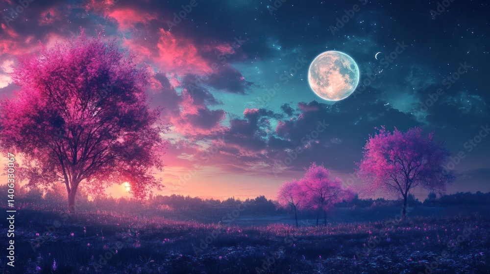 A magical twilight scene with vibrant pink trees and a full moon. A magical twilight scene with vibrant pink trees and a full moon.