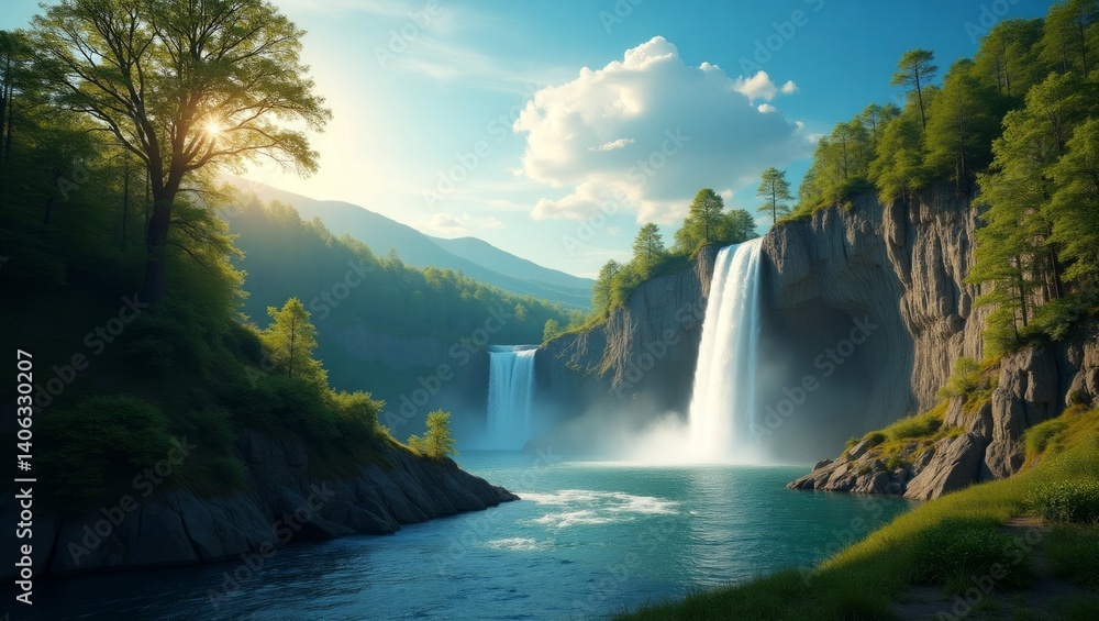 Fototapeta premium Majestic Waterfall Cascading into Serene Lake