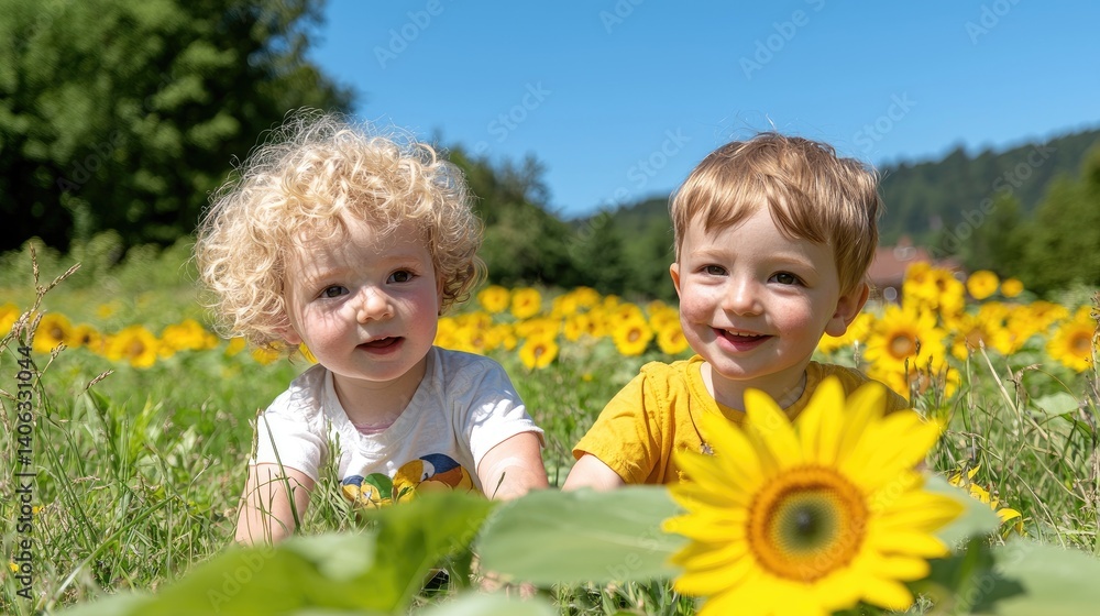 Happy children playing in sunflower field bright summer day joyful family fun Happy children playing in sunflower field bright summer day joyful family fun