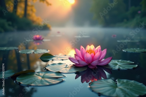 Softly glowing water lily pads on a misty lake, peaceful, fog