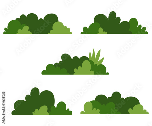 Set of green bush blossom with dense foliage flat design illustration