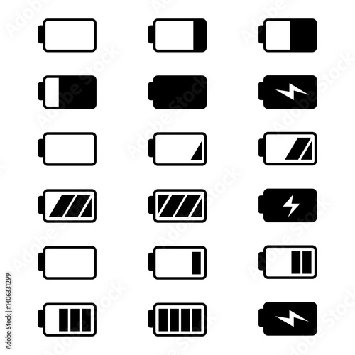 Set of phone battery load charge information level full energy black graphic icons ui